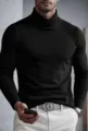 Close-up detail of the stylish black turtleneck long-sleeve men slim fit solid top. - S / Tops / High Neck / Black