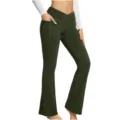Women's high waist crossover yoga flare pants with side pocket detail, dark green. - Green