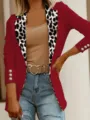 Women slim fit red blazer with leopard print lapel and button cuffs for stylish daily wear. - S / Tops / Red