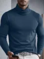 Men's solid color turtleneck long sleeve slim fit thermal pullover shirt for autumn winter. - S / Tops / High Neck / Blue