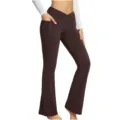 High waist crossover flare yoga pants for women with side pocket casual workout leggings solid brown. - Brown
