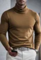 Men's autumn winter turtleneck long sleeve slim fit solid color casual pullover top - S / Tops / High Neck / Khaki