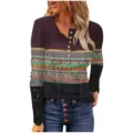 Mujer Manga Larga Botón Henley Camiseta Acanalado Encaje Estampado Geométrico Pull - S / Tops / Geométrico Multicolor