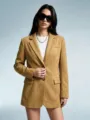 Women solid faux suede blazer jacket casual long sleeve stylish outerwear for autumn winter fashion - S / Tops / Khaki