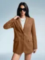 Women brown suede blazer detail shot, classic lapel double-button chic outerwear. - S / Tops / Camel