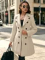 Damen Zweireiher Trenchcoat schick beiges langarm Revers Mantel urbane Oberbekleidung - S / Oberteile / Weiß
