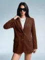 Stylish brown faux suede blazer for women, perfect for elegant casual winter outfits. - S / Tops / Coffee