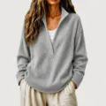 Women's grey waffle knit deep V-neck long sleeve casual pullover sweater for daily wear. - S / Tops / Gray