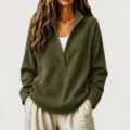 Close-up detail of the army green waffle knit long sleeve deep v-neck sweater for women. - S / Tops / Army Green