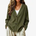 Dettaglio cardigan in maglia a costole scollo V casual, top ampio a manica lunga chic. - Verde militare