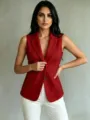 Elegant red sleeveless blazer vest for women, featuring a classic lapel and front button closure. - S / Tops / Red