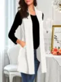 Women solid color sleeveless shawl vest waistcoat detail showing elegant long design with pockets. - S / Tops / White