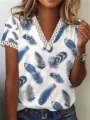Summer women's V-neck short sleeve tee with blue feather print and lace trim details. - S / Tops / Blue Feather Print