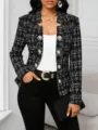 Black and white tweed slim-fit double-breasted blazer jacket for women, stylish long sleeve. - S / Robe / Black