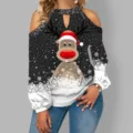 Women winter Christmas cold shoulder long sleeve top with cute reindeer print and sequins - S / Black