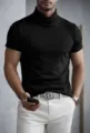 Men's short sleeve turtleneck t-shirt solid black slim fit casual autumn top apparel - S / Tops / Black - High Cross Neck Short Sleeve