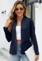 Donna giacca blazer blu scuro aperta con tasche maniche lunghe capo spalla casual quotidiano - Taglia S / Top / Blu Notte