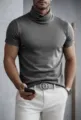 Men short sleeve turtleneck t-shirt in solid gray slim fit casual top detail view - S / Tops / Gray - High Cross Neck Short Sleeve