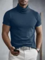 Men's dark blue solid color turtleneck short sleeve slim fit casual t-shirt top detail - S / Tops / Blue - High Cross Neck Short Sleeve