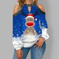 Christmas reindeer cold shoulder long sleeve top winter fashion women clothing wear. - S / Blue