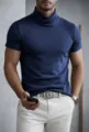 Men's short sleeve turtleneck t-shirt solid color slim fit casual breathable top - S / Tops / Navy - High Cross Neck Short Sleeve