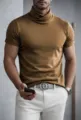 Men's solid color brown short sleeve turtleneck base layer top for autumn and winter fashion. - S / Tops / Khaki - High Cross Neck Short Sleeve