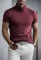 Men's burgundy short sleeve turtleneck t-shirt, slim fit solid color casual autumn top. - S / Tops / Burgundy - High Cross Neck Short Sleeve