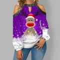 Donne Natale spalla scoperta manica lunga viola renna stampa top casual abbigliamento. - Taglia S / Viola