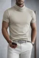 Men short sleeve turtleneck t shirt slim fit casual solid color top detailed view display - S / Tops / Apricot - High Cross Neck Short Sleeve