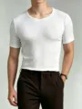 Men's casual solid white short sleeve slim fit crew neck t-shirt apparel detail showcase. - S / Top (Low Neck Short Sleeve) / White