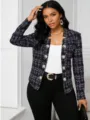 Women's Fashion Plaid Slim Blazer Jacket Long Sleeve Elegant Office Coat for Women - S / Robe / Navy Blue