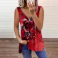 Femme haut sans manches col en V imprime floral rouge vetement d'ete decontracte - 4XL / Hauts / Floral Rouge
