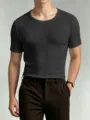 Detailed shot of men's solid color short sleeve scoop neck slim fit basic t-shirt close up. - S / Top (Low Neck Short Sleeve) / Gray