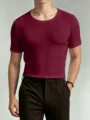 Men's solid color short sleeve slim fit t-shirt casual basic apparel detail view - S / Top (Low Neck Short Sleeve) / Burgundy