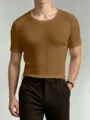 Men's solid color short sleeve slim fit crewneck t-shirt detail showing comfortable fabric. - S / Top (Low Neck Short Sleeve) / Khaki