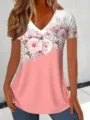 Mujer camiseta casual estampado floral cuello V manga corta top verano variante. - S / Tops / Rosa