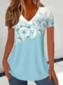 Mujer Moda Casual Cuello V Manga Corta Azul Flores Degradado Estampado Camiseta Top - S / Tops / Azul