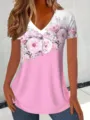 Camiseta Mujer Cuello V Estampado Floral Manga Corta Casual Degradado Rosa Top Verano - S / Tops / Púrpura