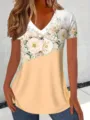 Casual floral print V-neck short sleeve T-shirt for women, stylish gradient design. - Apricot