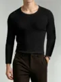 Men's solid black slim fit long sleeve crew neck base layer top t-shirt for autumn winter - S / Tops / Crew Neck / Black