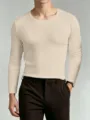 Men's casual slim long sleeve solid color crewneck base layer top in beige color - S / Tops / Crew Neck / Apricot