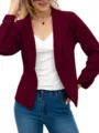 Detail view of women's casual burgundy lapel open-front blazer jacket showcasing sleek fit. - Burgundy