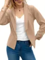 Closeup of stylish women open front blazer jacket with lapel and long sleeves, elegant detail. - 3XL / Tops / Khaki