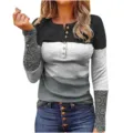 Women's long sleeve color block ribbed button crew neck top with elegant lace details. - Triple-White