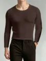 Men's solid color long sleeve slim fit base shirt, dark brown, comfortable everyday wear. - S / Tops / Crew Neck / Coffee