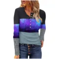 Women color block long sleeve t-shirt casual Henley button galaxy print lace cuff top - Triple-Purple