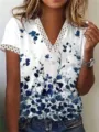 Women Summer V-Neck Lace Floral Print Short Sleeve T-Shirt Casual Tops New Style - S / Tops / Blue Polka Dot Print