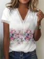 Women casual V-neck short sleeve T-shirt featuring elegant lace trim and vibrant floral print. - S / Tops / Colorful Gradient Floral
