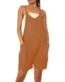 Orange loose sleeveless pocket jumpsuit detail view, casual summer women overall shorts outfit. - Brown