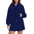 Solid Color Full Zip Jacket And Shorts Two Piece Set Womens Casual Activewear Outfit - M / Top And Bottom / Dark Blue